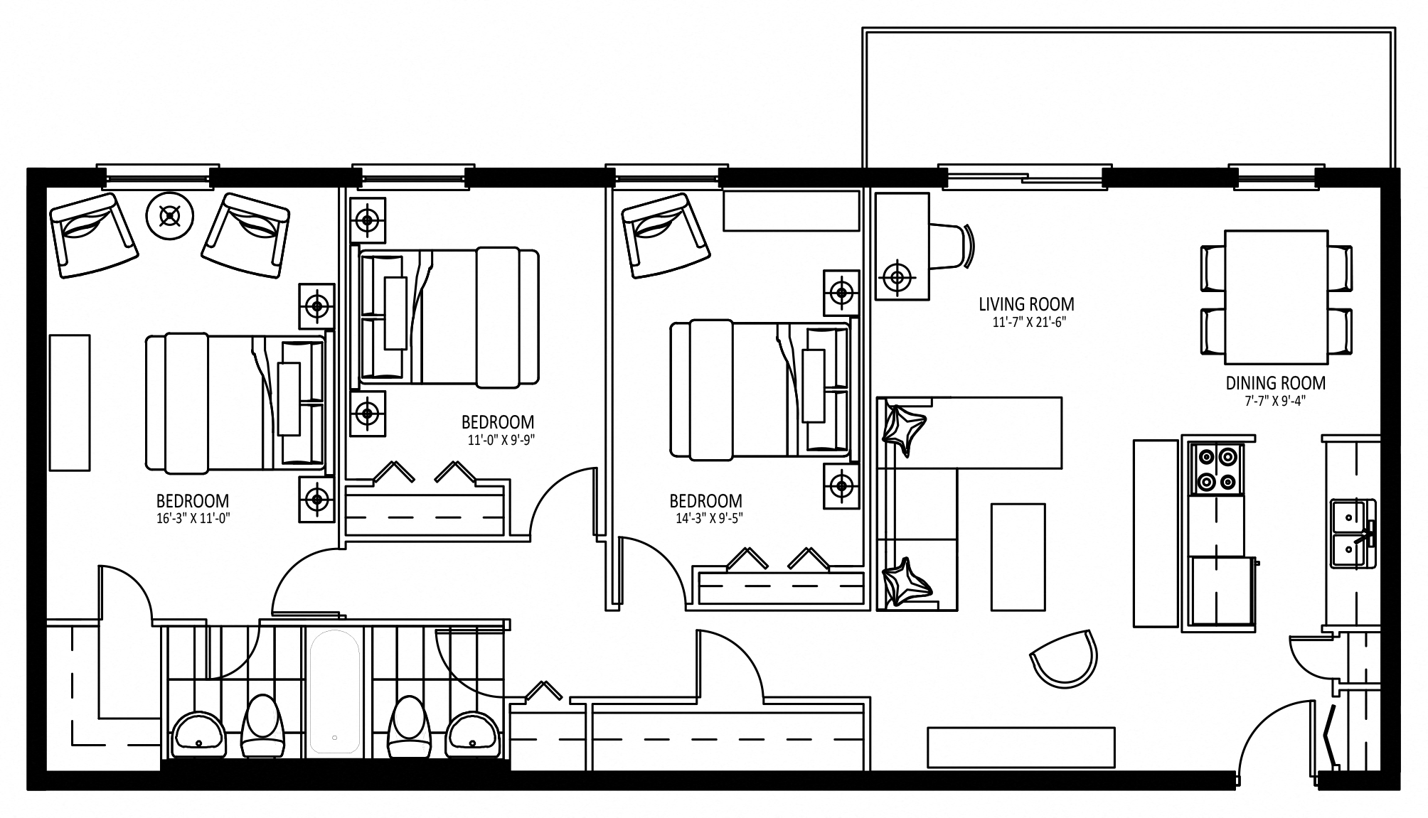 Floor plan for 3 beds, 1.5 baths, 1184 sqft